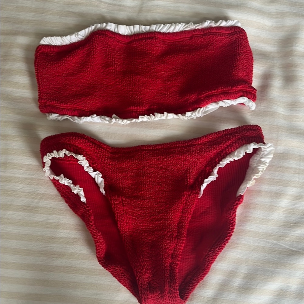 Hunza G Red and White Ruffled Bikini Set